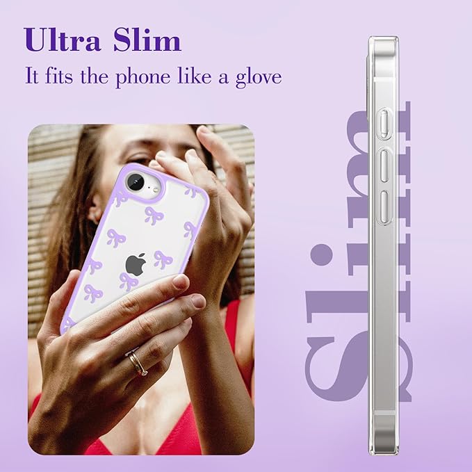 EYZUTAK Case for iPhone 16e, Clear Cute Ribbon Bowknot Pattern Aesthetic Transparent Phone Case Raised Camera Protection Stylish Slim Soft Durable TPU Protective Cover for Women Girls - Purple