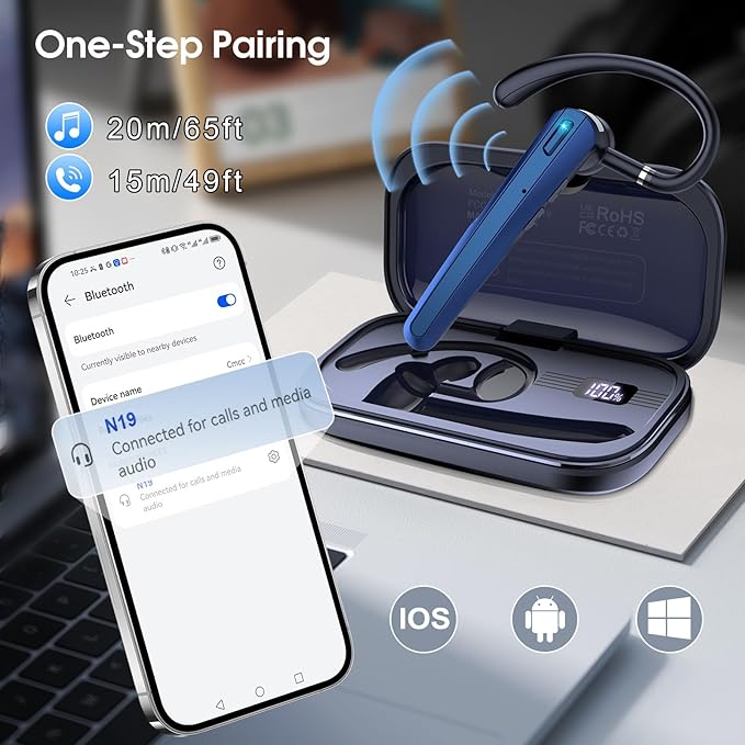 Bluetooth Headset V5.3, Wireless Earpiece with Dual ENC Noise Canceling Mic, 120H Hand-Free Talk Single-Ear Bluetooth Earpiece with LED Display, IP7 Waterproof Headphones for Trucker, Dark Blue