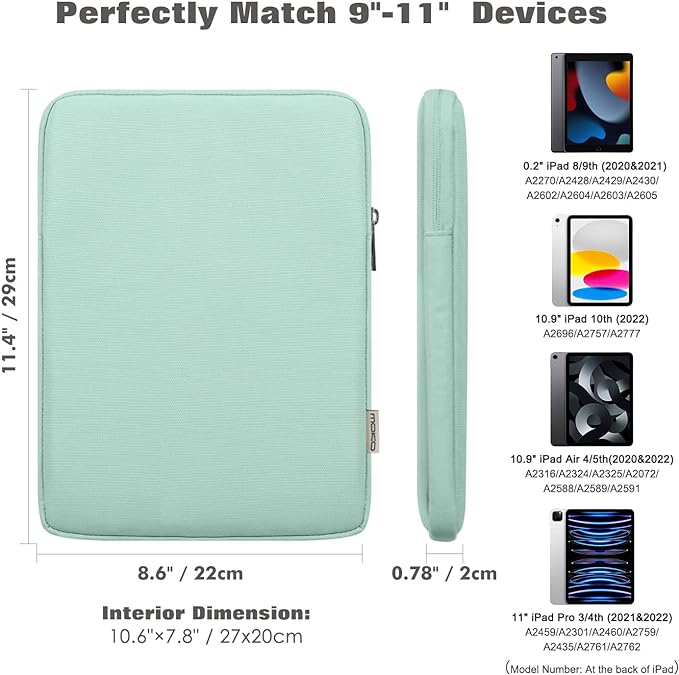 MoKo 9-11 Inch Tablet Sleeve Bag Carrying Case Fits iPad air 5 10.9" 2022, iPad Pro 11 M2 2022-2018, iPad 10th 10.9,iPad 9/8/7th Gen 10.2,iPad Air 4 10.9/Air 3 10.5,Tab S8/S9 11", Mint Green