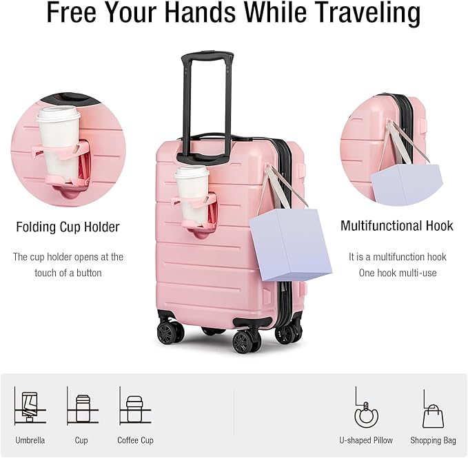 KYME Pink Hardside Expandable Carry On Luggage 22x14x9 Airline Approved 20 Inch Hardshell Carry On Suitcase with Wheels TSA Lock Small Travel Rolling Luggage with Cup Holder for Women