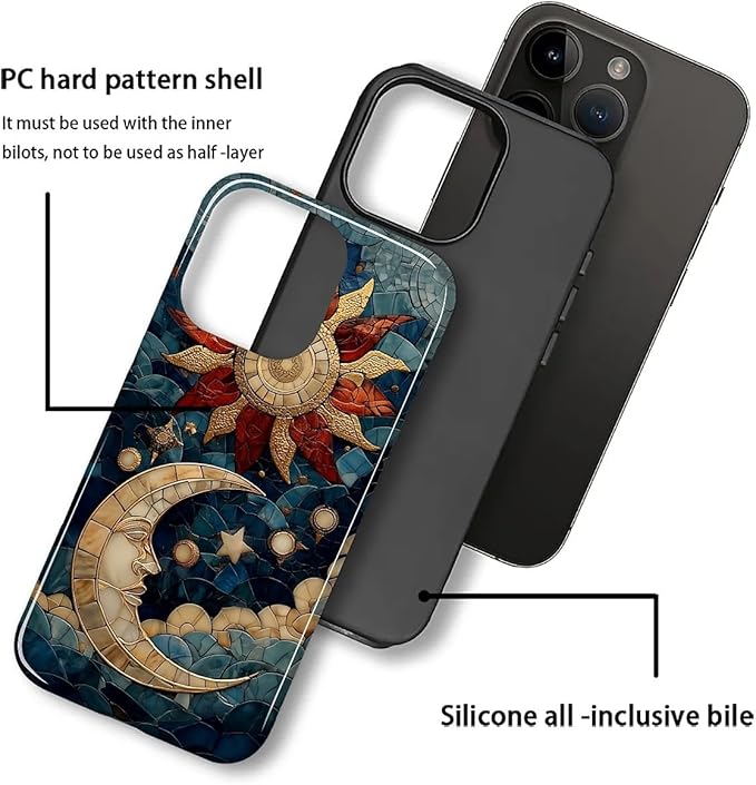 Case for iPhone 12 Pro Max Case,Sun Moon Stars Faux Stained Glass Design Hybrid Dual Protection Silicone + Hard PC Shockproof Full Body Cover,Slim Anti-Scratch Protective for Men Women