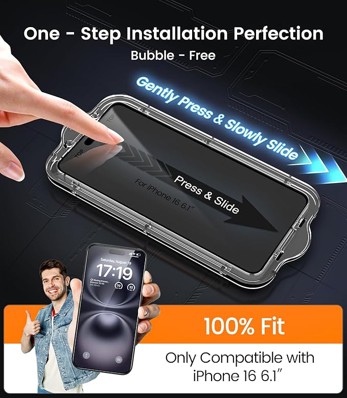 EZ-GLAZ- 4 Pack for iPhone 16 Privacy Screen Protector [6.1"] With 2 Pack Camera Lens Protector, 9H+ Hardness 12FT Military Grade Shatterproof Scratch Resistant Durable Tempered Glass Film with Flawless Fit Kit