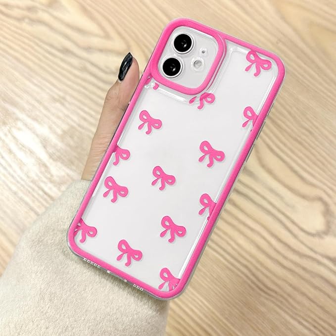 EYZUTAK Case for iPhone 11, Clear Cute Ribbon Bowknot Pattern Aesthetic Transparent Phone Case Raised Camera Protection Stylish Slim Soft Durable TPU Protective Cover for Women Girls - Rose Red