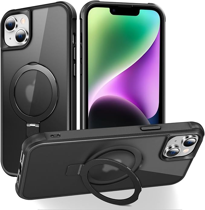 Compatible with iPhone 13 Case & iPhone 14 Case with Invisible Magnetic O-Ring Stand Translucent Phone Cases for 13 & 14 6.1" [Compatible with Mag-Safe][Great Grip Feeling], Black