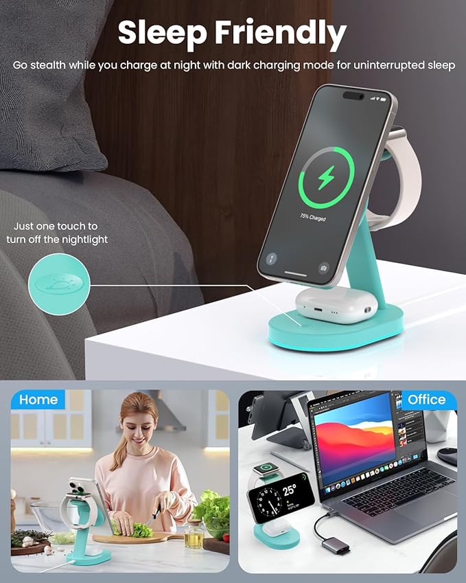 3 in 1 Wireless Charger Charging Station for iPhone,Qi2 Certified 15W Magnetic Charging Stand for Mag-Safe with 30W USB C Adapter&Friendly Night Light for iPhone 16/15/14/13/12,Apple Watch,AirPods