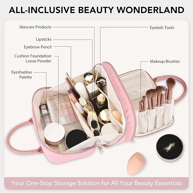 Travel Makeup Bag for Women Fashion Large Capacity Pouch Open Flat Cosmetic Portable Organizer Waterproof Large Opening Storage Toiletry Bags Vertical Free-Standing Brush Holder for Easy Access Pink