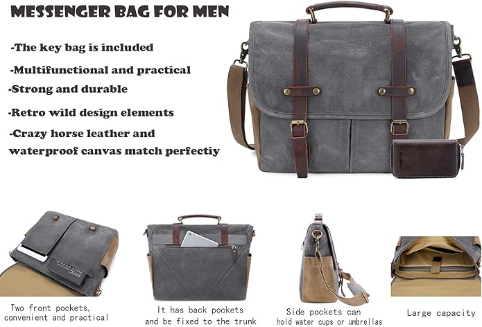Messenger Bag for Men, Waterproof Genuine Leather Waxed Canvas Briefcase 15.6 Inch Laptop Larger Shoulder Bag with Key Bag