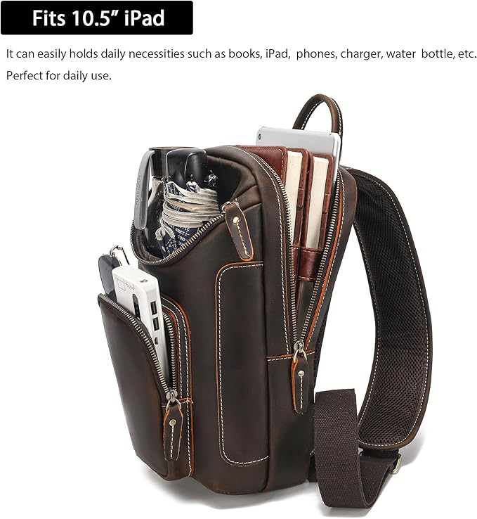 LANNSYNE Full Grain Leather Sling Bag For Men, Crossbody Chest Daypack Fits 10.5" iPad, Men’s Crossbody Bag