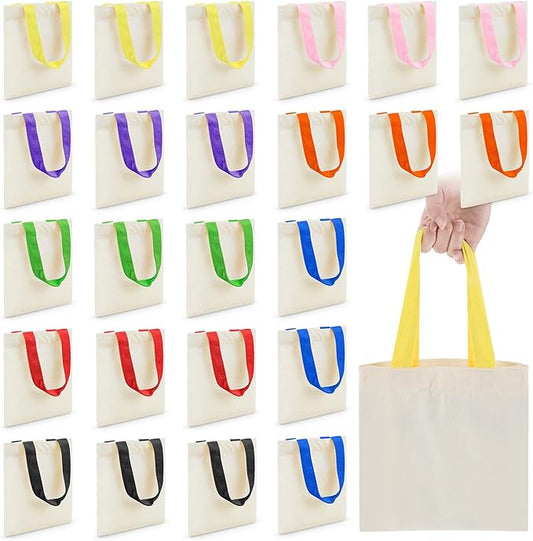 Amylove 48 Pcs Mini Tote Bag Sublimation Blank Canvas Tote Bags Reusable Grocery Luggage DIY Sack Goody for Party Even (8.5 x 8 Inch,Natural with Colorful Handle)