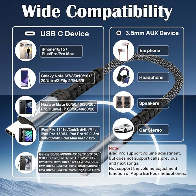 USB C to 3.5mm Audio Adapter,Type C to Aux Dongle Adaptor USB C to Headphone Jack Adapter for iPhone 16/15/Plus/Pro/Pro Max,Samsung Galaxy S25/S24/S23/S22/S21/note10/20 Ultra,iPad Pro,Mini,MacBook
