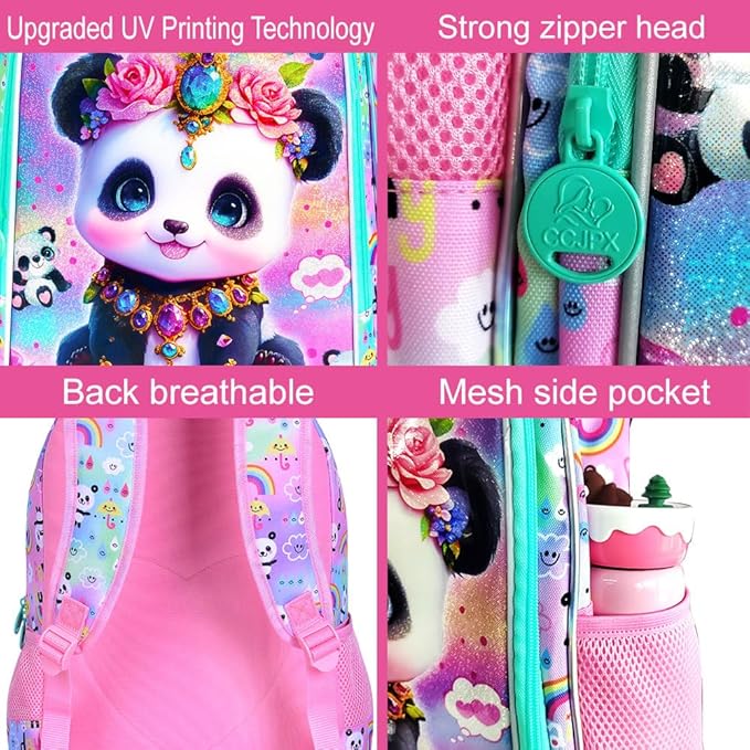 3Pcs Panda Backpack for Girls, 16" Kids School Backpacks with Lunch Box, Bookbag for Elementary Preschool Kindergarten(Pink)