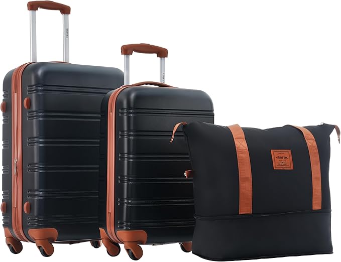 Merax Luggage sets of 3 Piece 20 24 IN Carry on Luggage Hard Case Black and Brown Luggage Expandable Checked Luggage Suitcase Set with Wheels