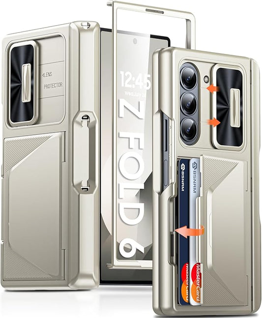 for Samsung Galaxy Z Fold 6 Case with Card Holder RFID Blocking & S Pen Holder & Slide Camera Cover & Hinge Protection & Full-Body Rugged Shockproof Wallet Case for Galaxy Z fold 6,Titanium Gold