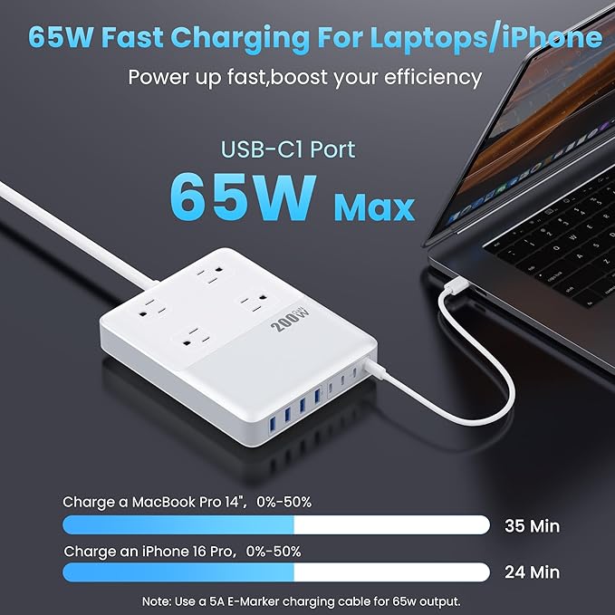 12-in-1 Charging Station USB C Power Strip with 5ft Cord,200W GaN IV USB C Charger Block,4 AC Outlets,4 USB-A,4 USB-C for MacBook,iPhone 16/15/14,Fast Charging Desktop Charger for Office (A-White)