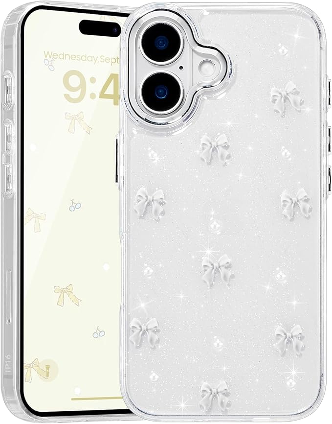 EYZUTAK Case for iPhone 16, Bling Glitter 3D Bowknot Phone Case Cute Sparkly Crystal Clear Bow Aesthetic Design Case Slim Soft Durable TPU Transparent Protective Cover for Women Girl - White Bow