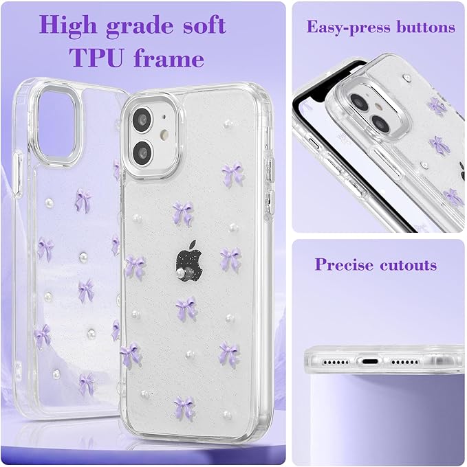 EYZUTAK Case for iPhone 11, Bling Glitter 3D Bowknot Phone Case Cute Sparkly Crystal Clear Bow Aesthetic Design Case Slim Soft Durable TPU Transparent Protective Cover for Women Girl - Purple Bow