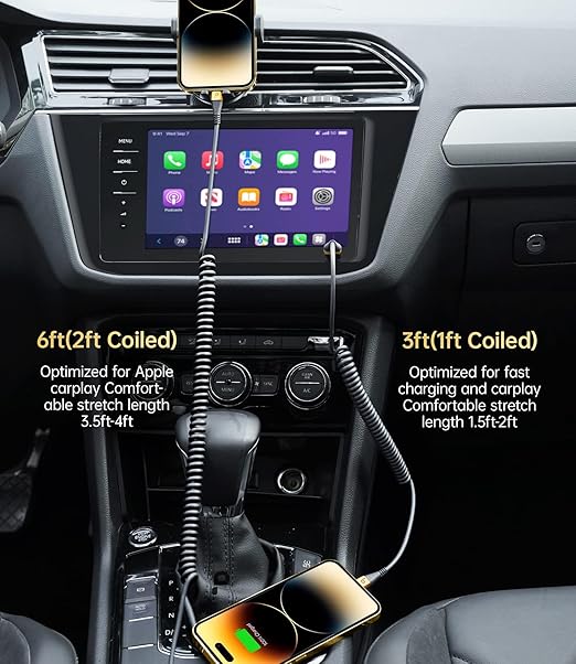 iPhone Charger Cable for Car, 2 Pack 5FT [Apple MFi Certified] Coiled Lightning Cable iPhone Charger Cord Compatible with iPhone 14/13/12/11 Pro Max/XS MAX/XR/XS/8/iPad/iPod/CarPlay-Gold