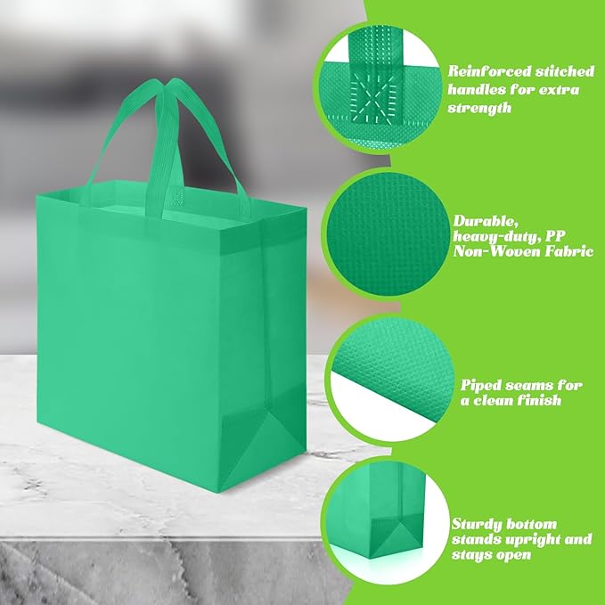 Reginary Reusable Totes Bags - 100 Pcs Non Woven Grocery Handle Bags for Shop Events & Retail Store(Green)