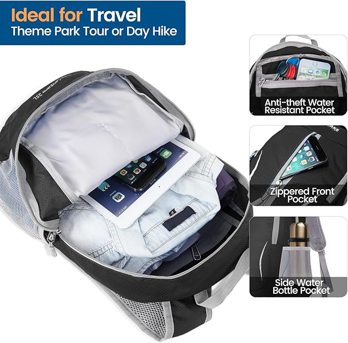 ZOMAKE Ultra Lightweight Packable Backpack 25L, Foldable Hiking Backpacks Water Resistant Small Folding Daypack for Trave(Signal black)