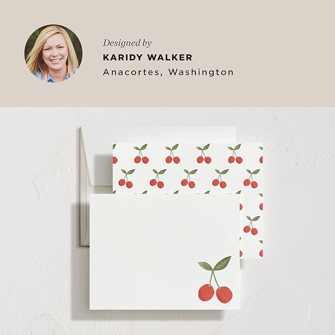 Minted Twin Cherries Stationery Set, Set of 10, Flat Note Cards & Envelopes for Invitiations and Handwritten Thank You Messages, Red Cherry Fruit Illustration, Gifts for Men and Women, Luxurious Paper