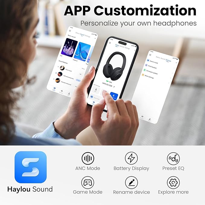 HAYLOU S30 Noise Cancelling Bluetooth Headphones,LDAC Hi-Res Audio, 5 HD Mics Call, 80H Playtime, Custom EQ via App, Bluetooth 5.4 Multipoint Connect, Wireless Headphones Over Ear, Blue