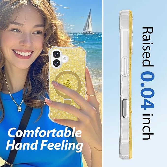 Magnetic for iPhone 17 Case with Invisible Stand, Compatible with MagSafe, Clear Bling Sparkle Shockproof Slim Anti-Slip Military Drop Protection Hard Phone Case 6.3" Glitter Gold