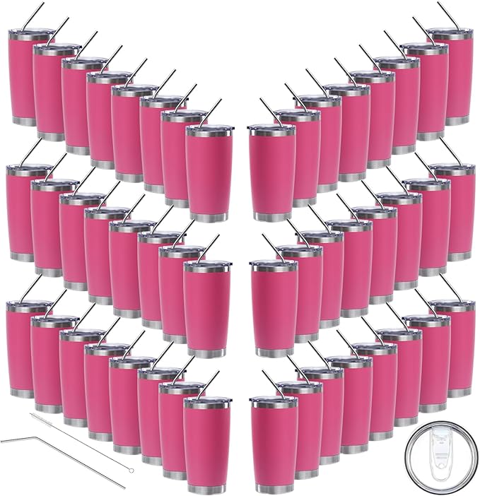 20oz insulted tumblers stainless steel cup Tumbler Bulk with push Lid, and metal straw powder coated coffee cup for cold and hot drinking (48, pink)
