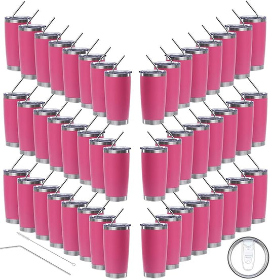 20oz insulted tumblers stainless steel cup Tumbler Bulk with push Lid, and metal straw powder coated coffee cup for cold and hot drinking (48, pink)