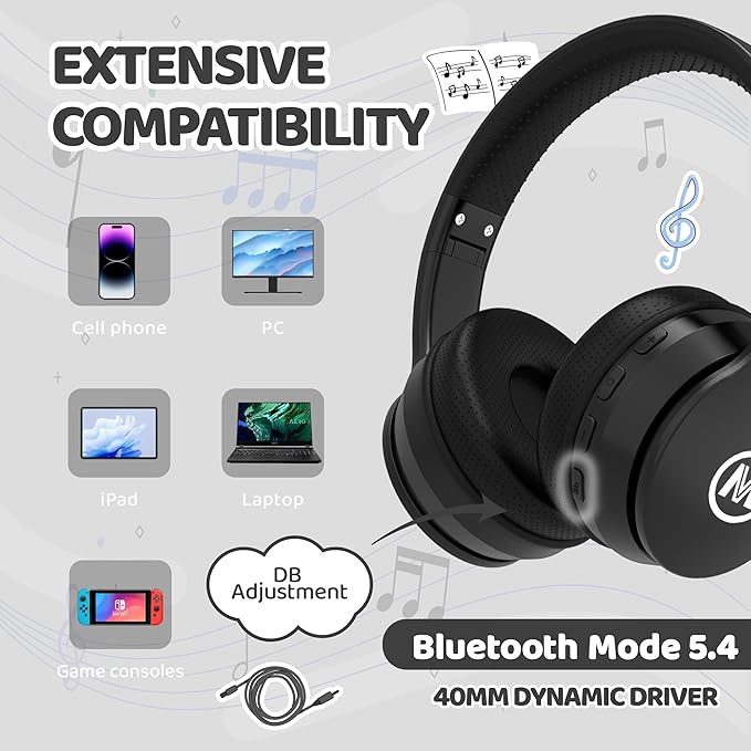 Headphones Kids Bluetooth 5.4 Wireless Play Time 68H Safe Volume Limit 85/94dB Over-Ear Foldable Headset,Fast Charging,with Aux Cord Built-in Mic for Toddler Child Pad Study Tablet Black