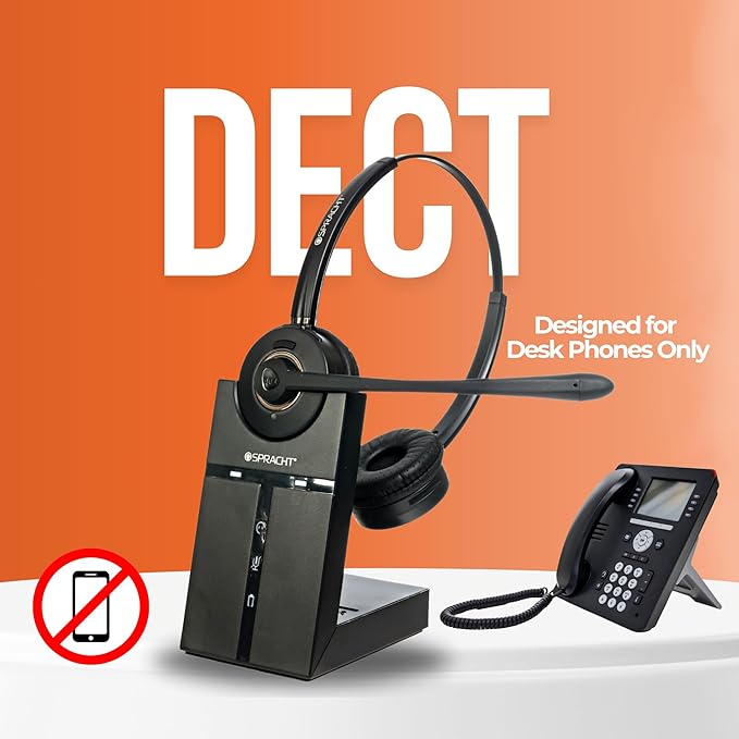 Spracht Wireless Headset - Dual Ear DECT Headset with Mic for Work, 350FT Range, 21 Hour Talk Time, Lightweight, Noise Cancellation, Ideal for Work From Home & Office Workers, Telephone Only HS-2019