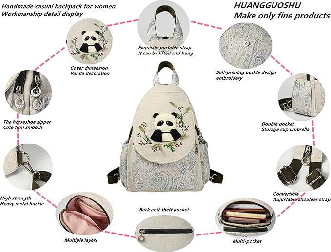 HUANGGUOSHU Women's Boho Knit Mini Backpack - Handmade Multi-Pocket Purse, Secure Zipper, Gift for Her - Bunny Design