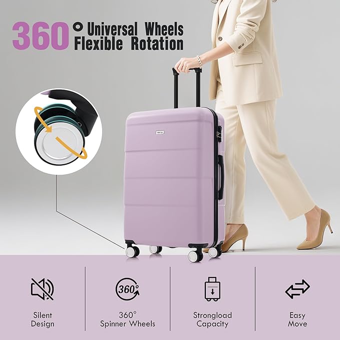 Merax Luggage Sets of 3 Piece Carry on Suitcase Airline Approved,Hardcase Suitcase Set with Double Spinner Wheels,Pink Purple