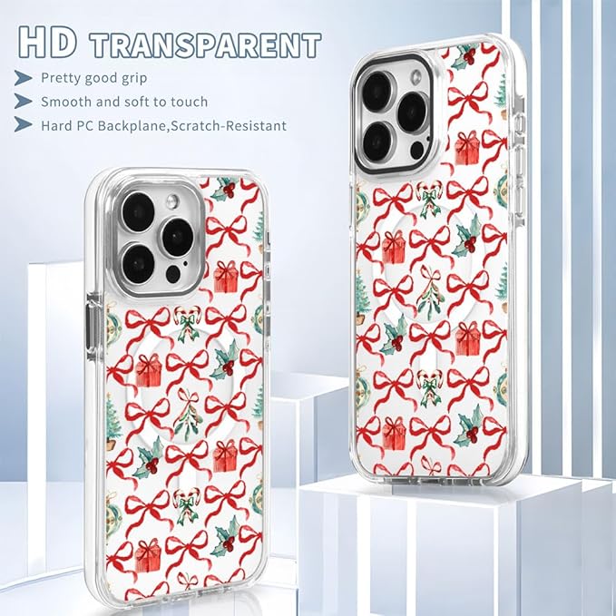 DAIZAG Case for iPhone 14 Pro, [Compatible with MagSafe],Phone Case for Women Girls Magnetic Clear Cover,Christmas Tree Ribbon Bow