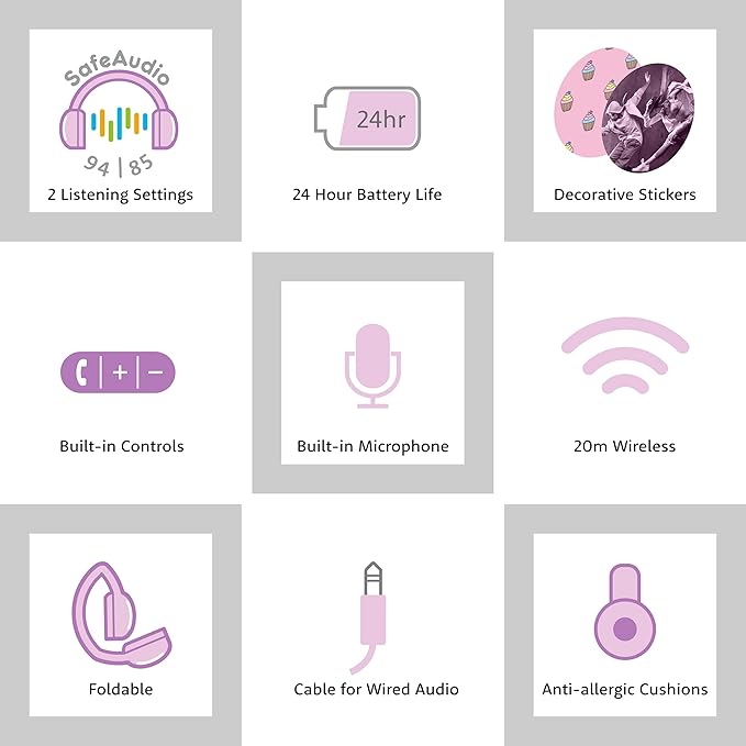 BuddyPhones POP Fun | Foldable Bluetooth Kids Headphones + Microphone, Works Wired or Wireless - SafeAudio Volume Limiting for iPhone/iPad/Tablet/PC and More (Pink)