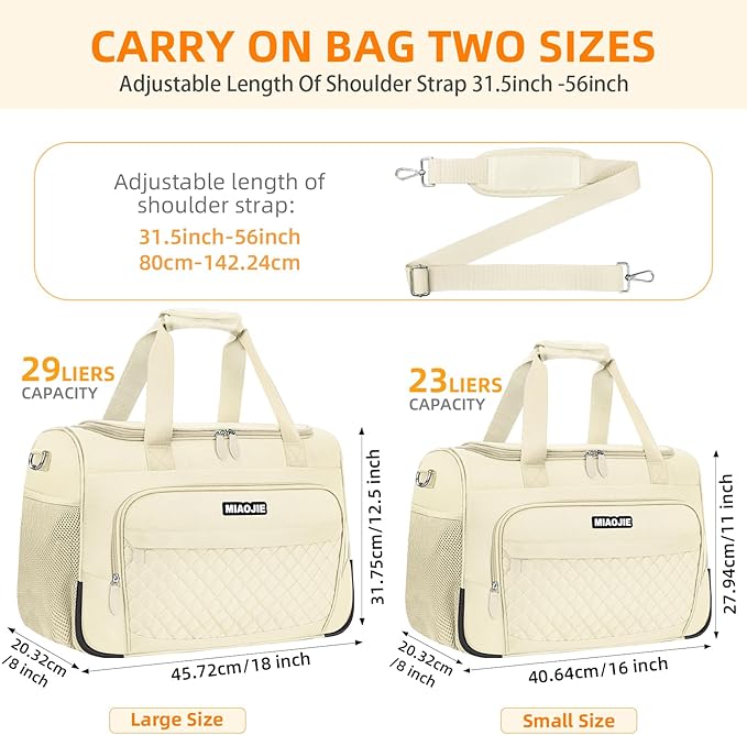 Travel Duffle Bag for Women, Underseat Carry On luggage Bag Foldable Overnight Weekender Hospital Bag Lightweight Airplanes Personal Item Travel Tote Bag for Women Birthday Gifts, 16IN Beige