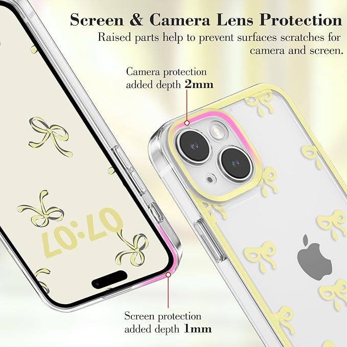 EYZUTAK Case for iPhone 14, Clear Cute Ribbon Bowknot Pattern Aesthetic Transparent Phone Case Raised Camera Protection Stylish Slim Soft Durable TPU Protective Cover for Women Girls - Yellow