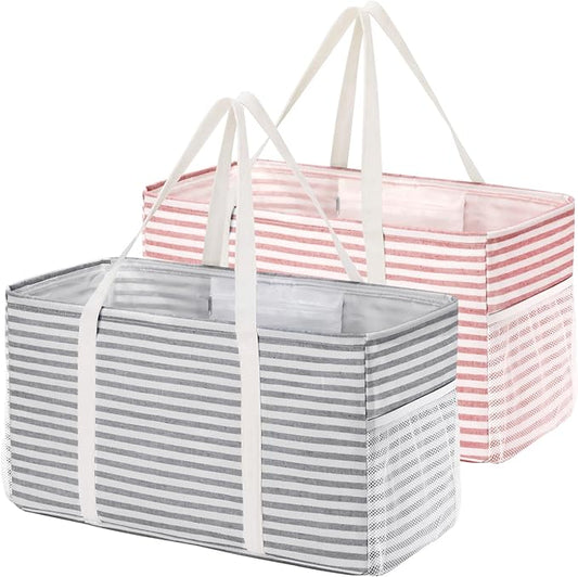 Lifewit Extra Large Tote Bag, Reusable Grocery Bags with Metal Wire Frame and Handles, Standing Utility Foldable Shopping Bags for Storage, Picnics, Beach, Pool, Laundry, Car 2 Packs 46L Gray and Pink