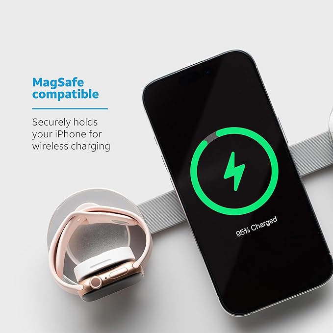 AT&T 3-in-1 Foldable Wireless Charging Station – 15W Qi-Certified Fast Charger Stand for iPhone 15/14/13, Android & AirPods – MagSafe Compatible – USB-C Cable Included – Silver