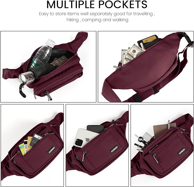 CXWMZY Fanny Packs For Women & Men Waist Pack Hip Bum Bag with Multi-Pockets Large Capacity Waterproof Casual Bum Bag for Disney Traveling Casual Cycling Running Hiking (Wine Red)