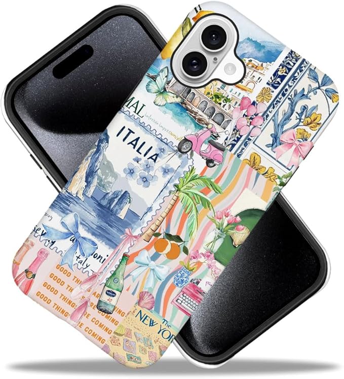 DAIZAG Case Compatible with iPhone 16,Fit Shockproof Cover for Women Girls,Bow Beach Landscape Collage Coastal