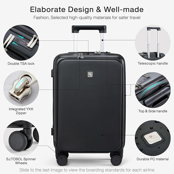 Hanke Grace Carry On Luggage with Wheels Airline Approved Hard Shell Suitcases with Front Pocket，Top Opening Luggage with TSA Lock for Short Business Travel， Jet Black.