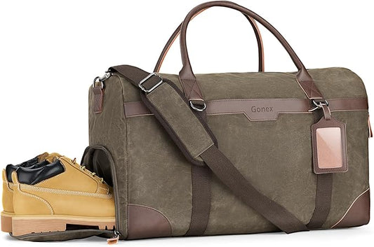 Gonex Waxed Canvas Duffle Bag for Travel, Water-resistant Vintage 55L Duffel Weekender with Shoes Compartment & Luggage Tag, Heavy-duty Overnight Bag with Suitcase Handle Sleeve for Men, Army Green