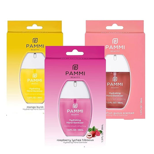 PAMMI Hand Sanitizer Spray Travel Size - Mini Scented Hand Sanitizer Spray Quicky Dry, Pocket Scented Hand Saniztier - 600-Sprays (3 Packs (Mango, Guava. Lychee))