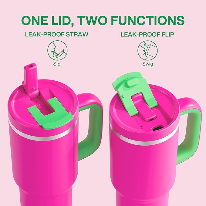 40 oz Tumbler with Handle and Straw: Stainless Steel Insulated Tumbler Keeps Cold for 24 Hours, Leakproof Travel Cup Fits in Cup Holder and BPA-Free, Knockout Pink