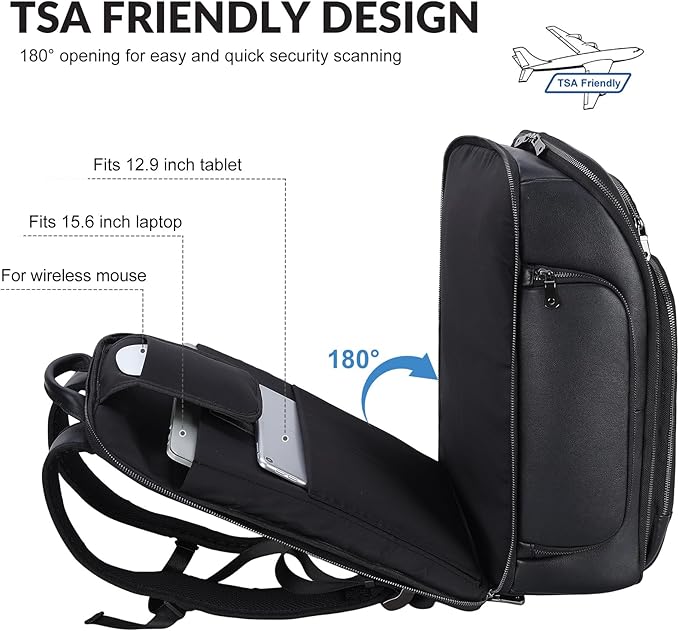 TIDING Men's Leather Laptop Backpack Fits 15.6 Inch Computer, TSA Approved & Water Resistant Work Daypack Business Travel Rucksack, Black