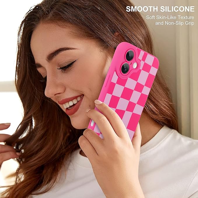 ZIYE for iPhone 16 Plus Case Hot Pink Grids Plaid Checkerboard Pattern Phone Case with Camera Protection,Soft TPU Silicone Rubber Protective Cover Grid Checkered Chess Design Cases