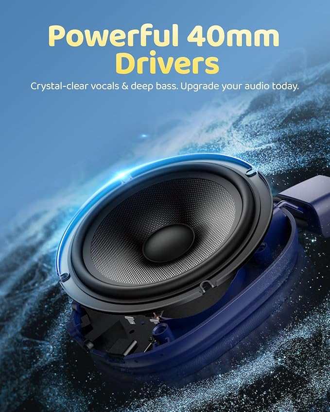 Kids Bluetooth Headphones, Over-Ear Wireless Headphones with Microphone, Safe-Volume 85dBA, Bluetooth 5.4, Foldable Lightweight and Comfortable, 50H Playtime, USB-C Charging, Blue