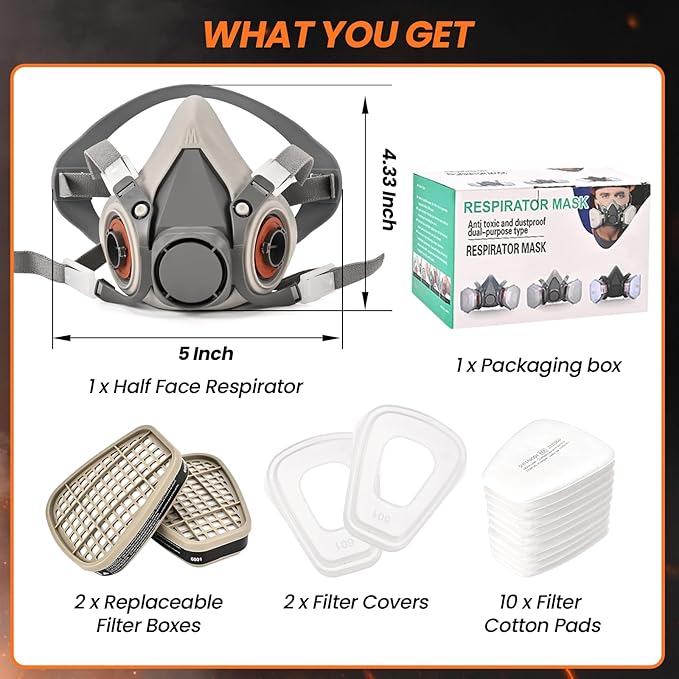 Reusable Half Face Cover - 6200 Respirator Mask, Gas Mask for for Painting, Woodworking, Construction, Sanding, Spraying, Chemicals, DIY etc