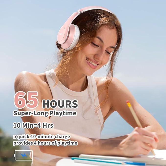 Uliptz Wireless Bluetooth Headphones, 65H Playtime, 6EQ Sound Modes, HiFi Stereo Over Ear Headphones with Microphone, Foldable Bluetooth 5.3 Headphone for Travel/Office/Cellphone/PC (Rose Gold)