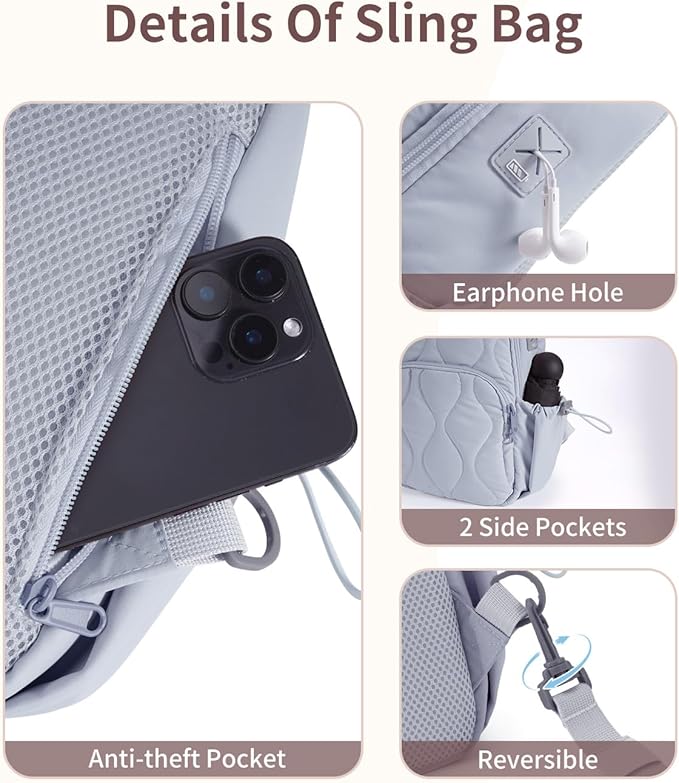 Wandering Nature Sling Bag for Women Lightweight Quilted Crossbody Bag Fits for 11" Tablet with Breathable Back Panel Anti Theft Pocket Padded Strap USB Charge Port, Ideal for Travel, Daily Use